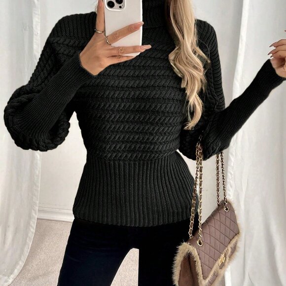 Black High Collar Cable Knit Women's Sweater - Picture 3 of 6